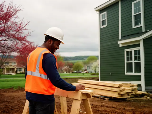 A builder in a hard hat and safety vest on a home construction site.