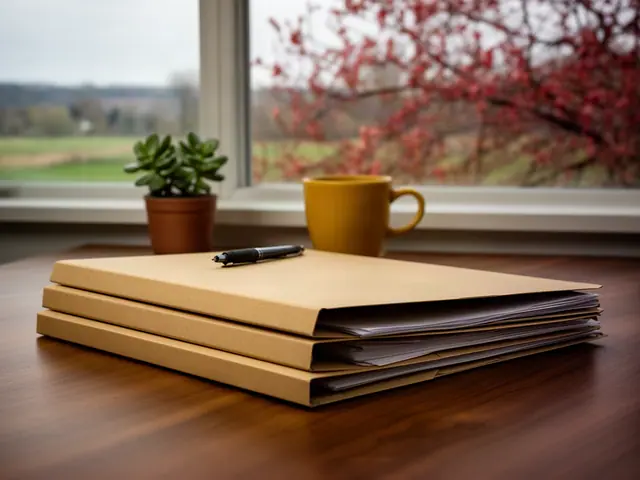 A neat stack of closed manila folders and a pen on a desk by a window.