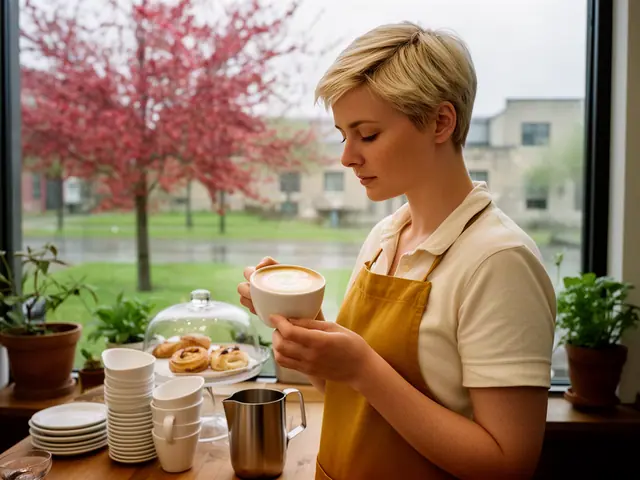A café owner holding a latte with heart art.