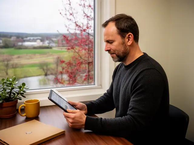 A man with short dark-blond hair reviewing a tablet at a desk in a small back office.