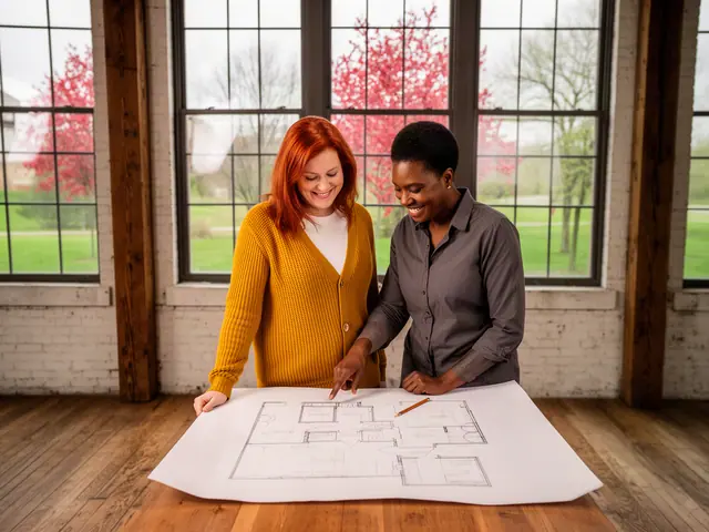 Two business partners looking over a pencil floor sketch in an empty storefront.